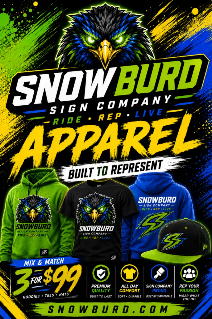 Custom apparel promotion showing Snowburd hoodies, tees, and hats