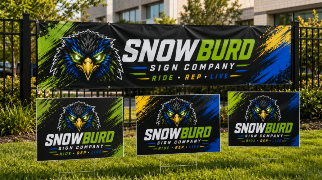 Snowburd banners and print yard signs displayed outdoors for Ohio visibility