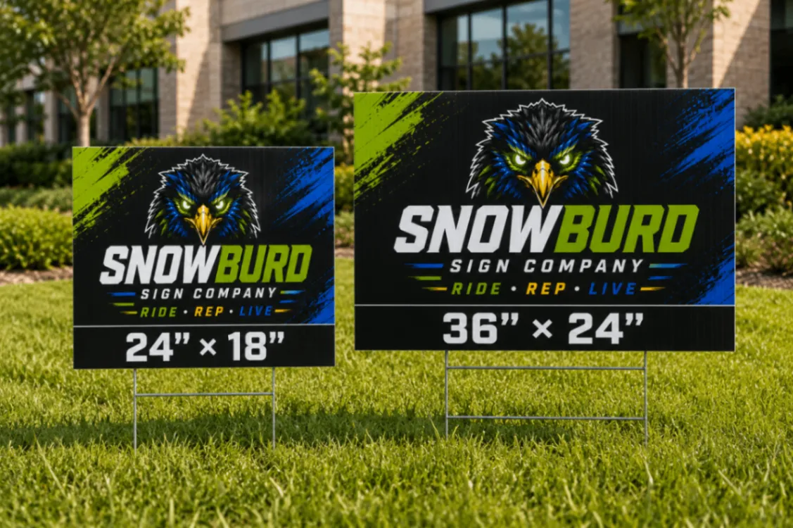 Snowburd 24" x 18" and 36" x 24" yard signs with stakes displayed outdoors