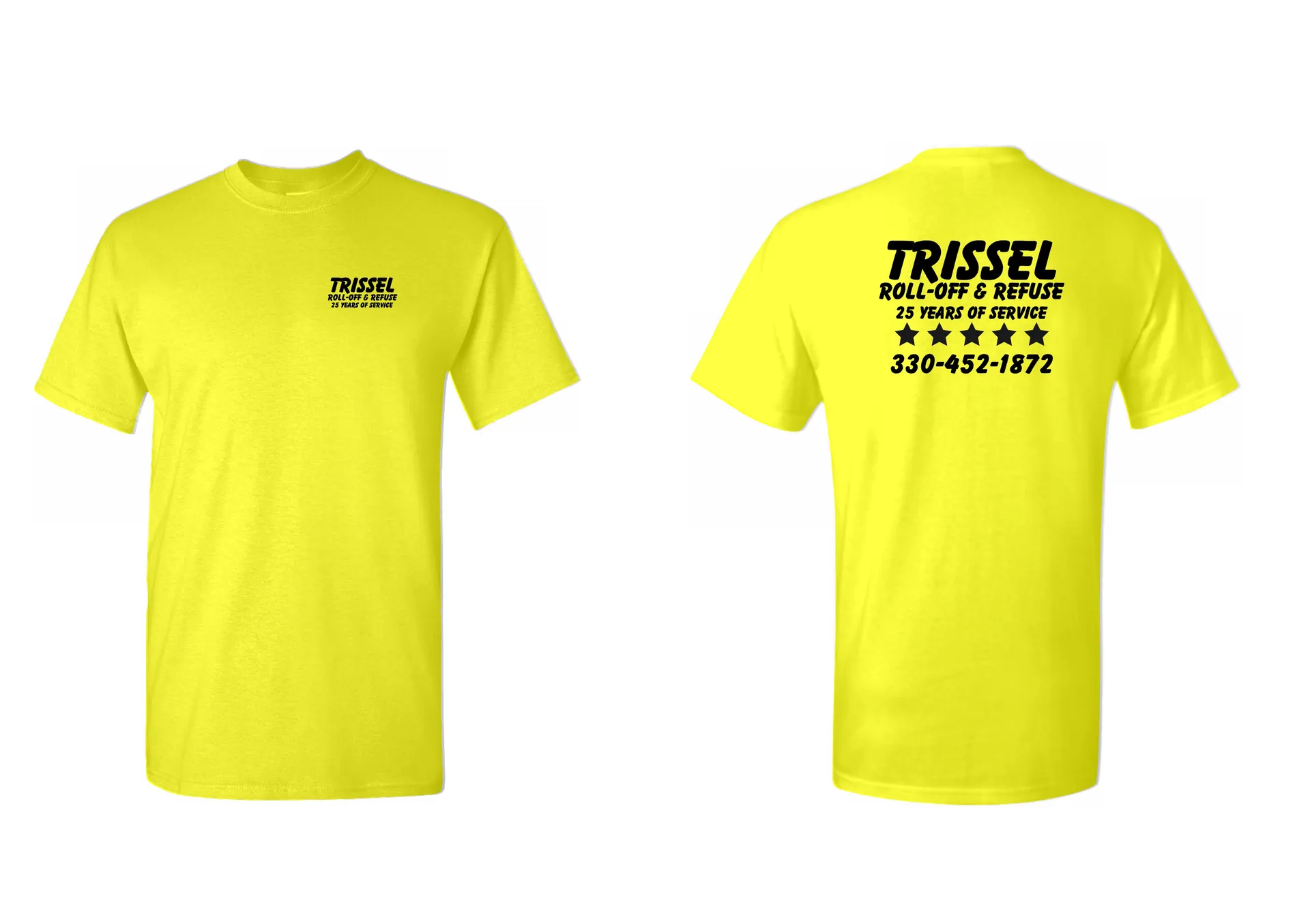 Yellow custom printed Trissel Roll-Off and Refuse T-shirts shown front and back